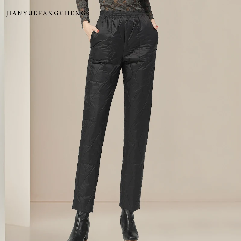 أزياء المرأة أسفل سروال رصاص لفصل الشتاء مرونة الخصر الدافئة سميكة بطة بيضاء أسفل مبطن السراويل الطويلة مع جيوب