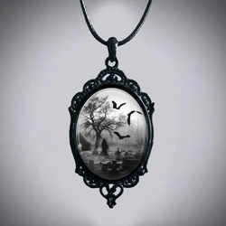 Gothic Bat Cemetery Charm Necklace For Women Man Fashion Witch Jewelry Accessories Gift Cemetery Glass Pendant Rope Chain Choker