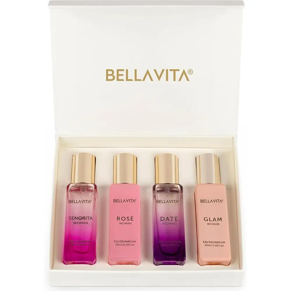Set de Regalo de Perfume para Mujer Bellavita, 4x20ml, Aroma Floral Frutal, Rosa, Senorita, Date, Glam, Colección Pink Pepper, Yuzu, Peach, para Uso Diario, Regalo del Día de la Madre