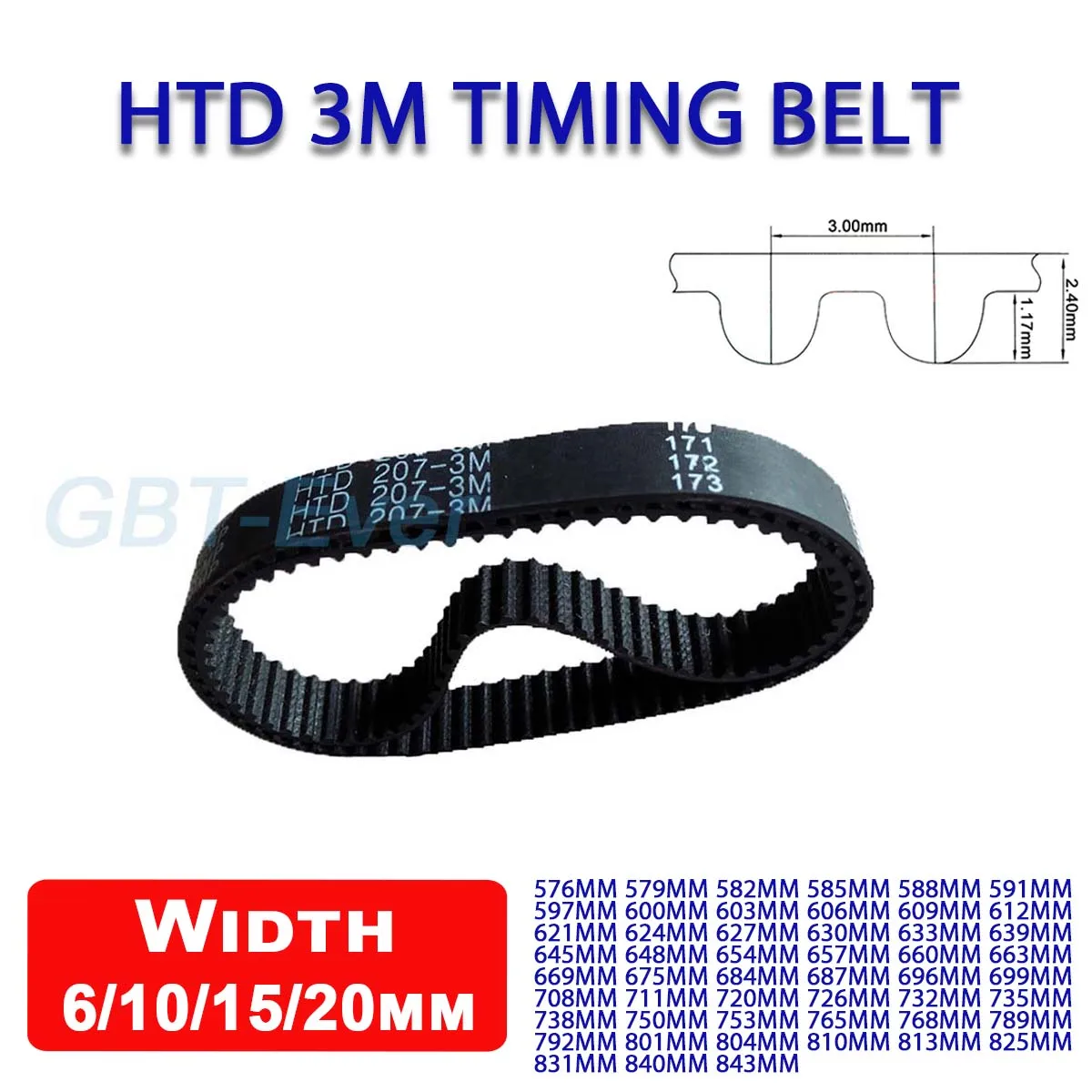 1Pcs Width 6/10/15/20mm HTD 3M Rubber Arc Tooth Timing Belt Pitch Length 576/579/582/585/588/591 ~ 843mm Closed Synchronous Belt