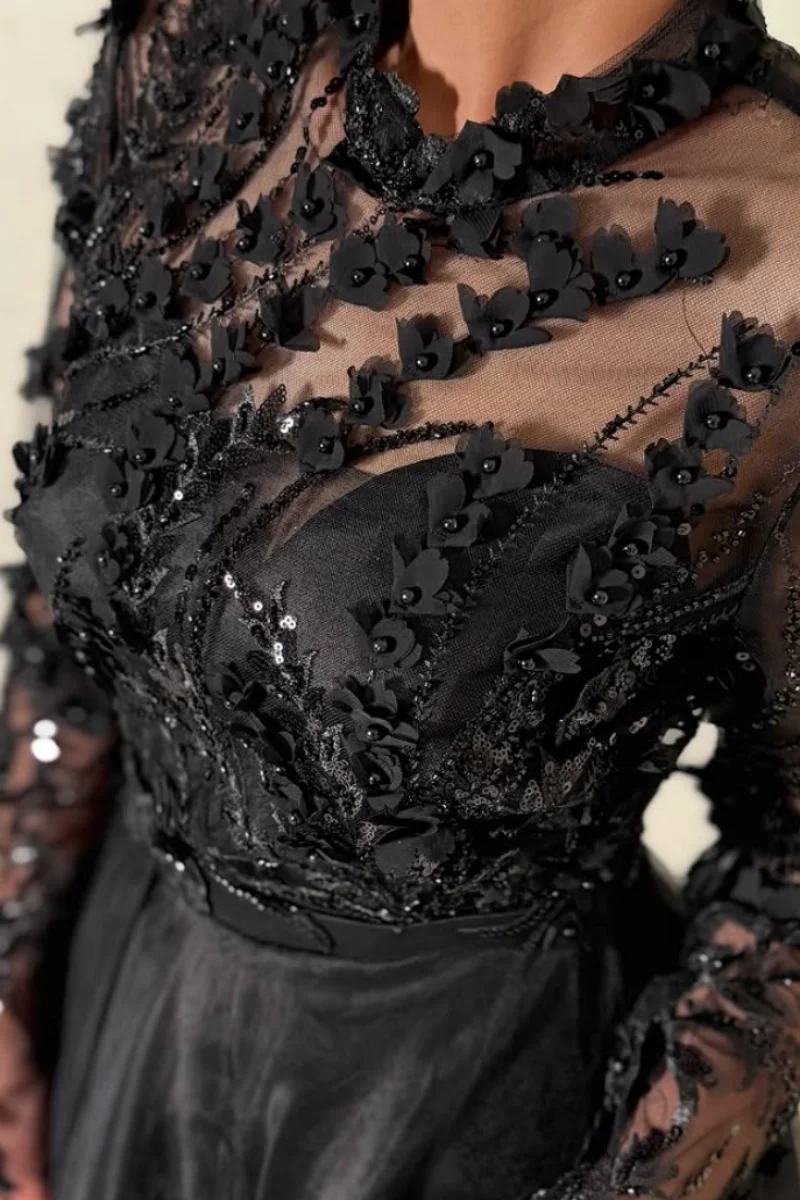 Jessica Lace High Collar Long Sleeves Evening Dresses Tulle Side Slits Prom Dresses Ladies Formal Vestido Festa Customized