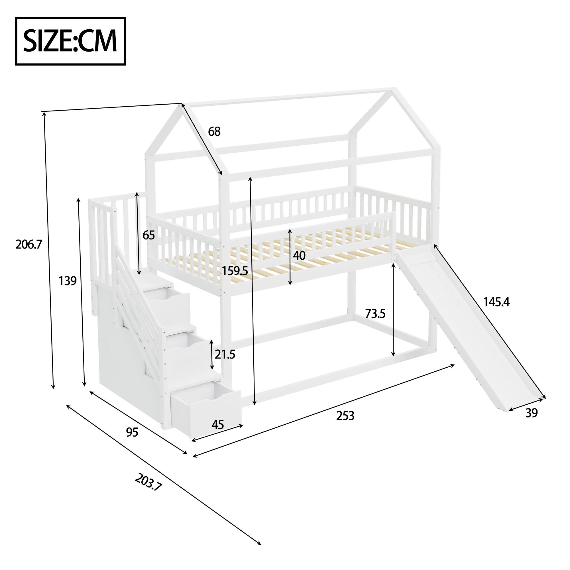 Afbeelding 8: Kinderstapelbed 90*200 cm hoog bed met glijbaan en opbergladder hoge omheining constructie massief houten bedframe met lattenbodem