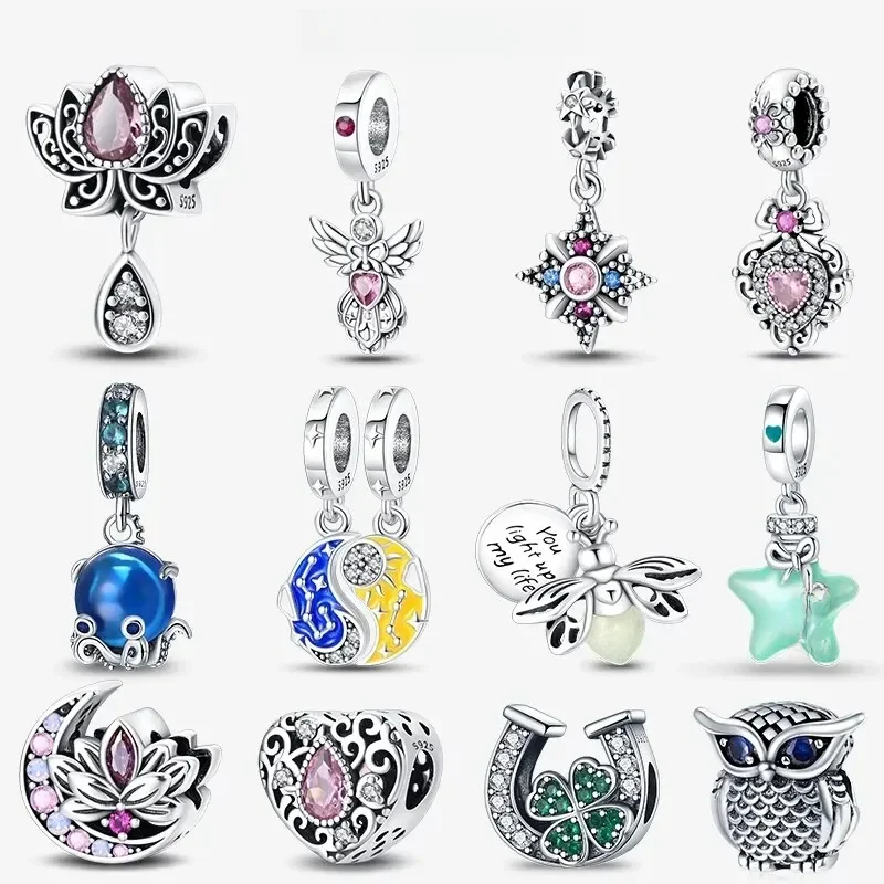 925 Silver Lotus Charm Beads para Mulheres, Fits Pandora Bracelet, Pendant, Bead Jewelry, Classic
