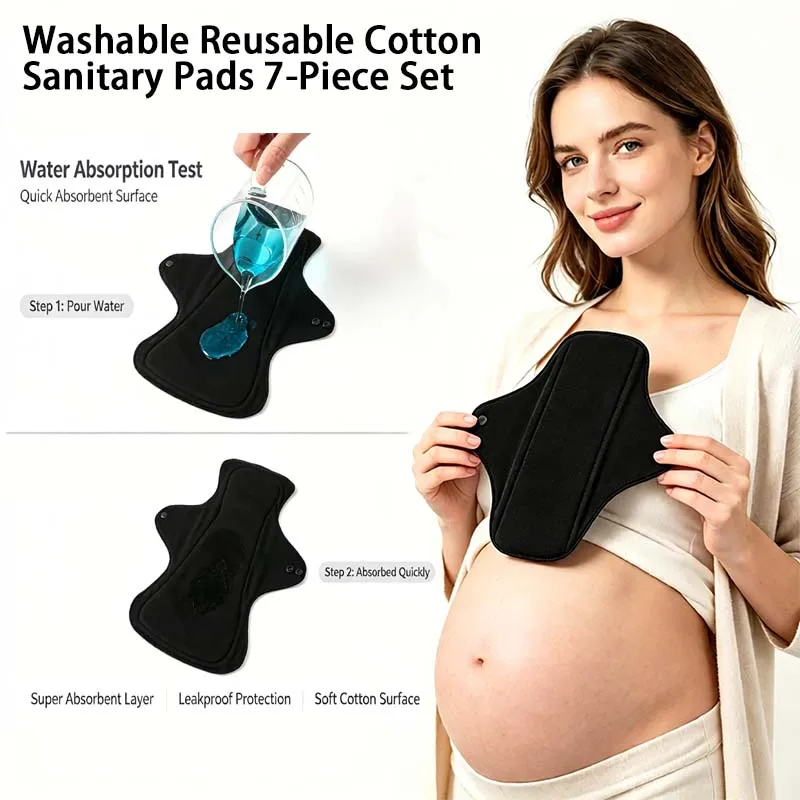 7Pcs Black Reusable Cloth Sanitary Pads Set Cotton Washable Absorbent Leakproof Menstrual Postpartum Feminine Hygiene Pads