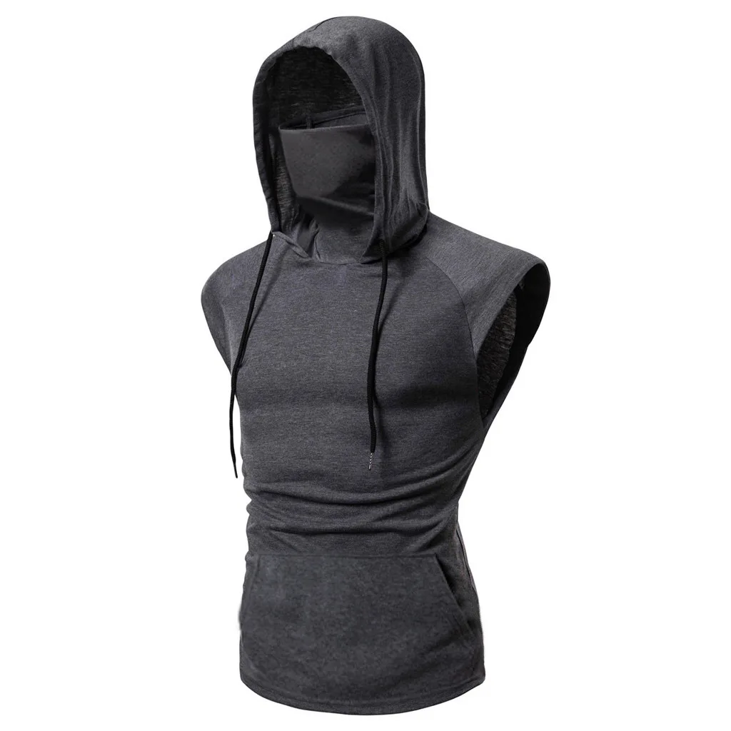 Mens Gym Hoodie Sleeveless with Mask Sweatshirt Hoodies Casual Splice Large Open-Forked Male Clothing Mask Button Sports Hooded