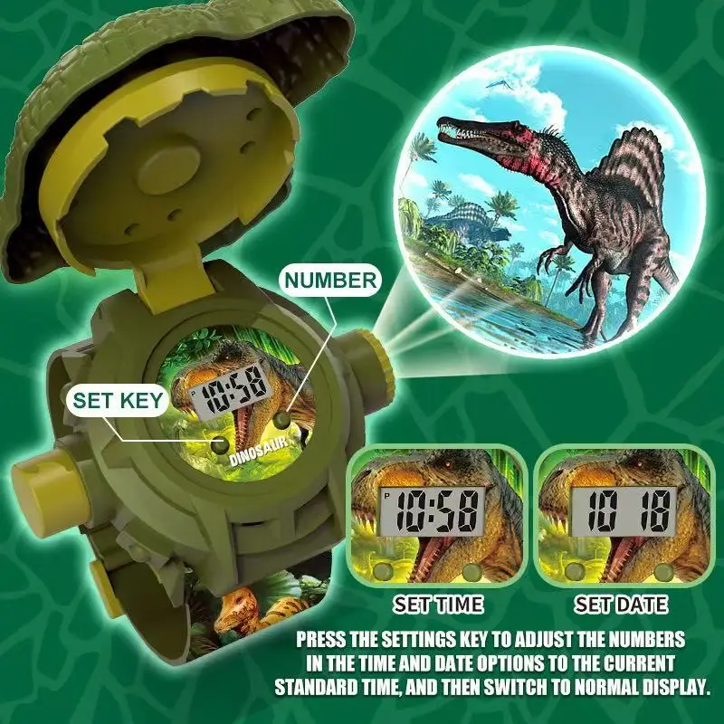 Projetor de dinossauro relógio educação precoce inteligência iluminação brinquedos relógios eletrônicos das crianças dispositivo projetor pequenos presentes