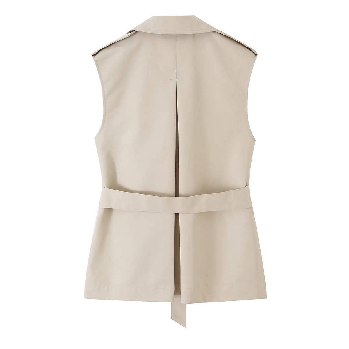 Women Khaki Sleeveless Trench Coat Double Breasted Belted Waistcoat Lapel Collar Short Vest Coat French Elegant Office Lady Top