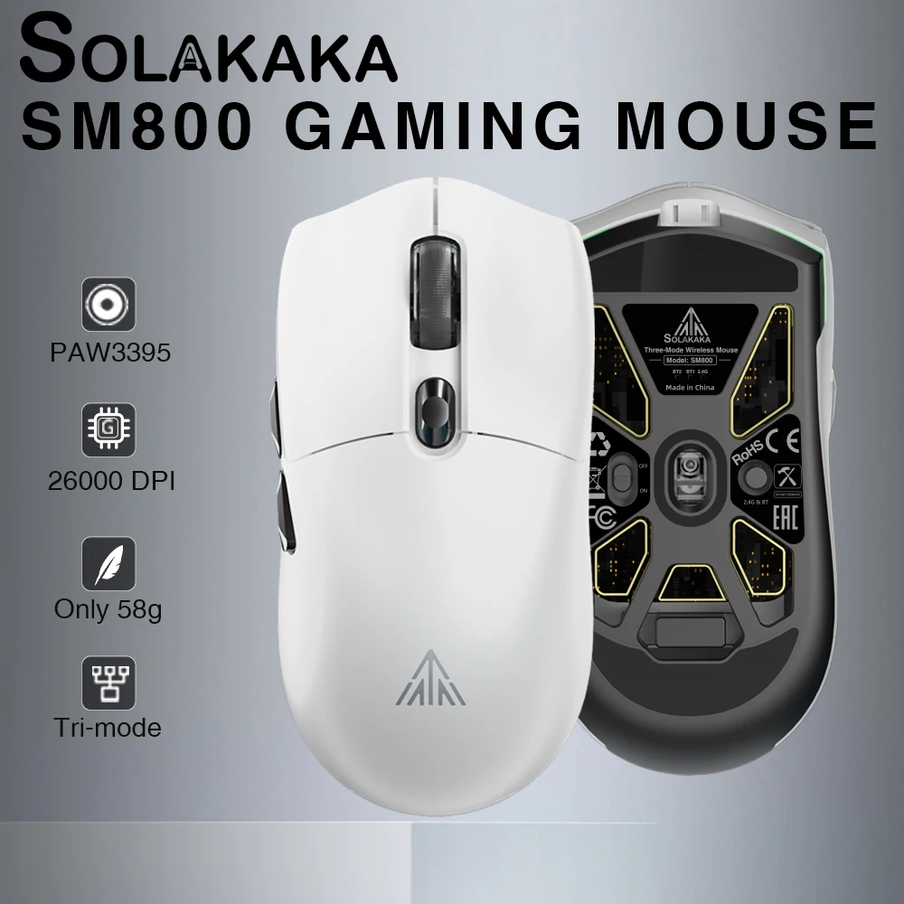 SOLAKAKA SM800 PAW3395 Wireless Gaming E-sports Mouse 26000DPI 7 Buttons Computer Mice for Gaming Laptop Desktop