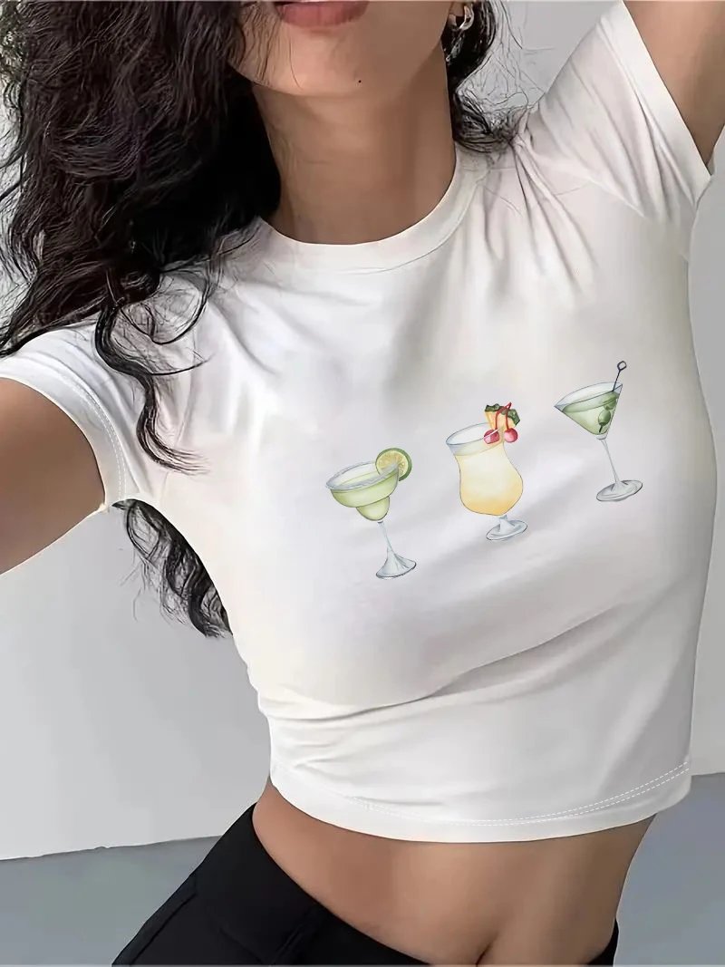 Women's Y2K Cocktail Martini Print Design Pattern Summer Right Shoulder Slim Hot Girl Cropped Top