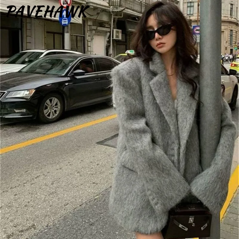 Women Wool Turn Down Collar Plush Coats Long Sleeve Single Breasted Blazer Autumn Winter Loose Elegant Office Lady Overcoat