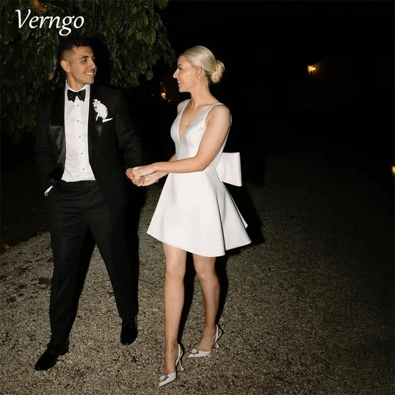 

Verngo Sleeveless Simple Short Wedding Dress A-line V-Neck Satin Bridal Gown Beach Brides Dress with Bow vestido de novia 2024 ﻿