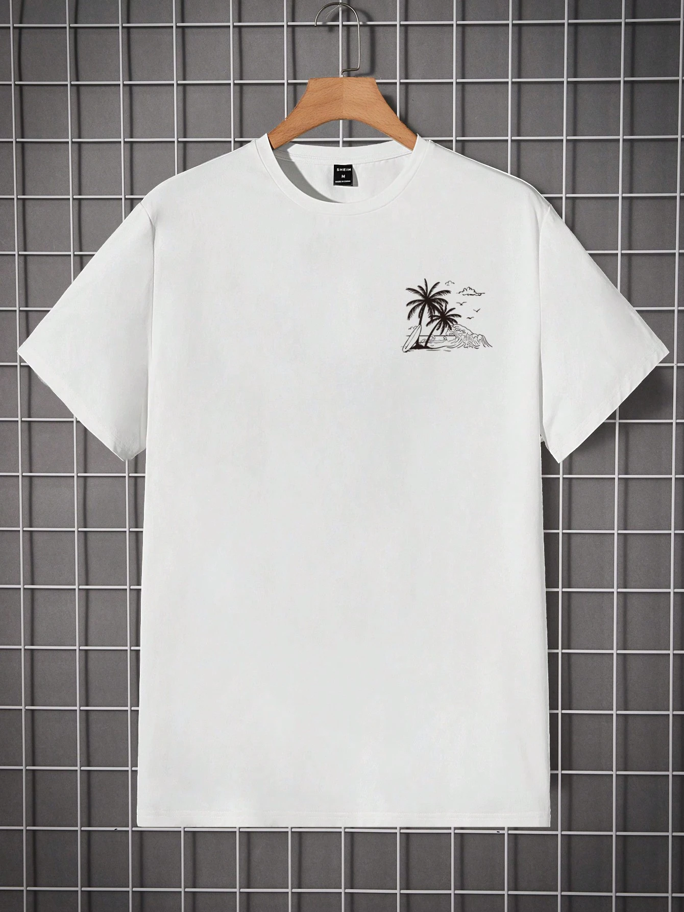 Men White Knit Coconut Palm Tree Graphic Print Round Neck Short Sleeve Summer T-Shirt, Vacation, Fashion, Boyfriend Gift, Holiday
