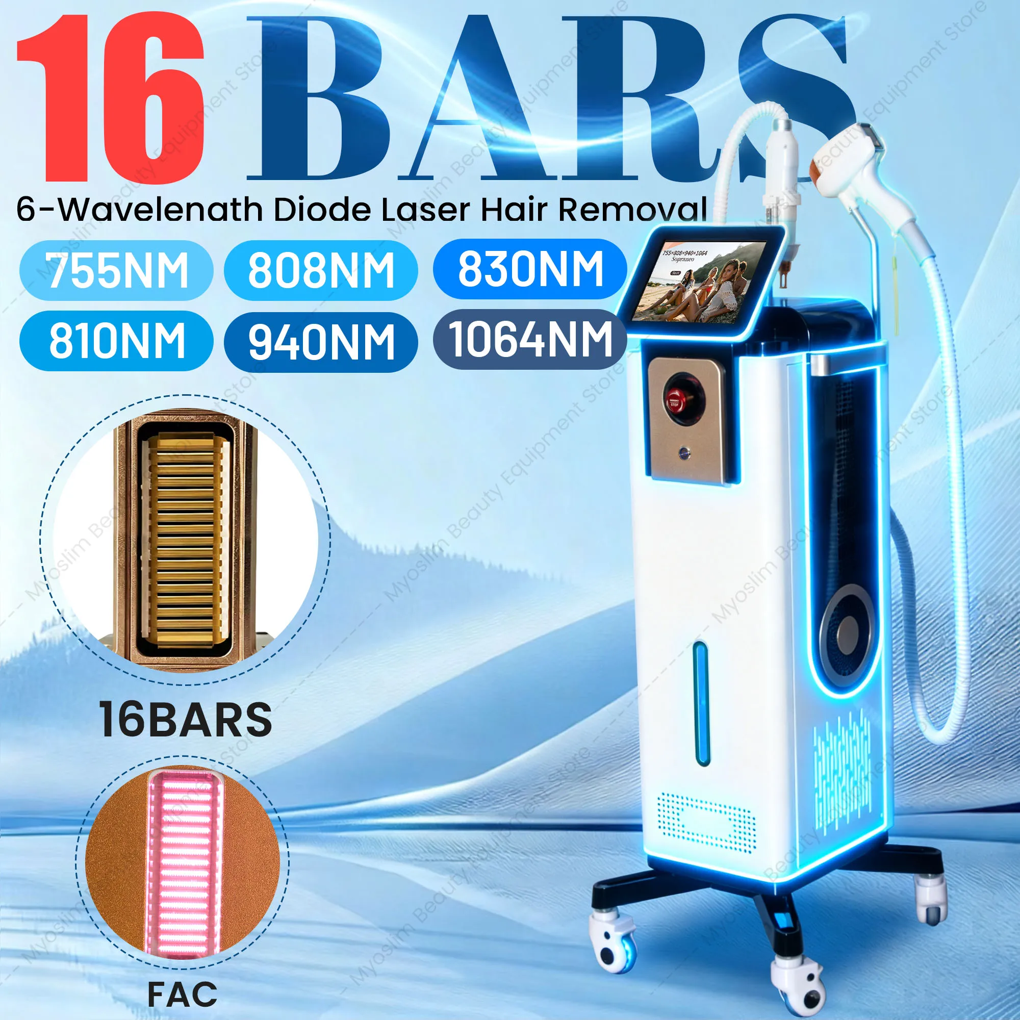 Diode Laser Hair Removal 6 Wavelengths Pico Tattoo Removal Machine 755nm FAC Collimation Ice Cooling System Foldable Touch