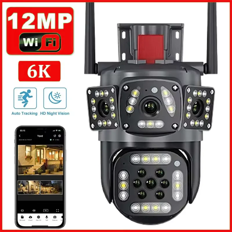 12MP 6K HD WiFi IP Camera Three screening PTZ Camera Outdoor Ai Tracking CCTV Video Surveillance Cam Smart Security Protection
