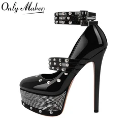 Onlymaker Women Rivet Platform Patent Leather Rhinestone Pumps High Heeled Big Size Ankle Straps Women Stiletto Pumps