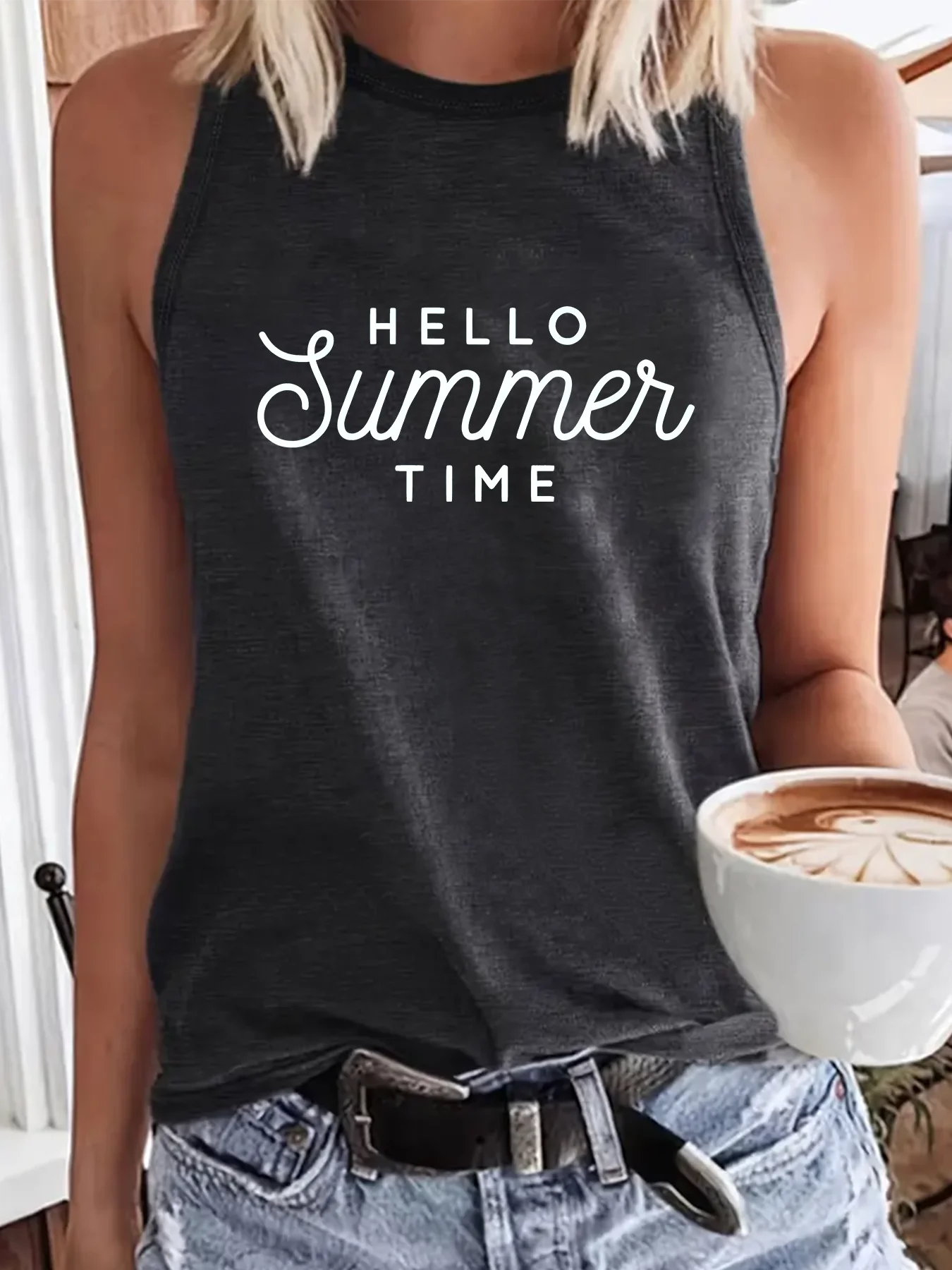 Hello Summer Time Fashion Sports Women's Tank Top Loose O Neck Sleeveless Casual Tank Top For Clothing