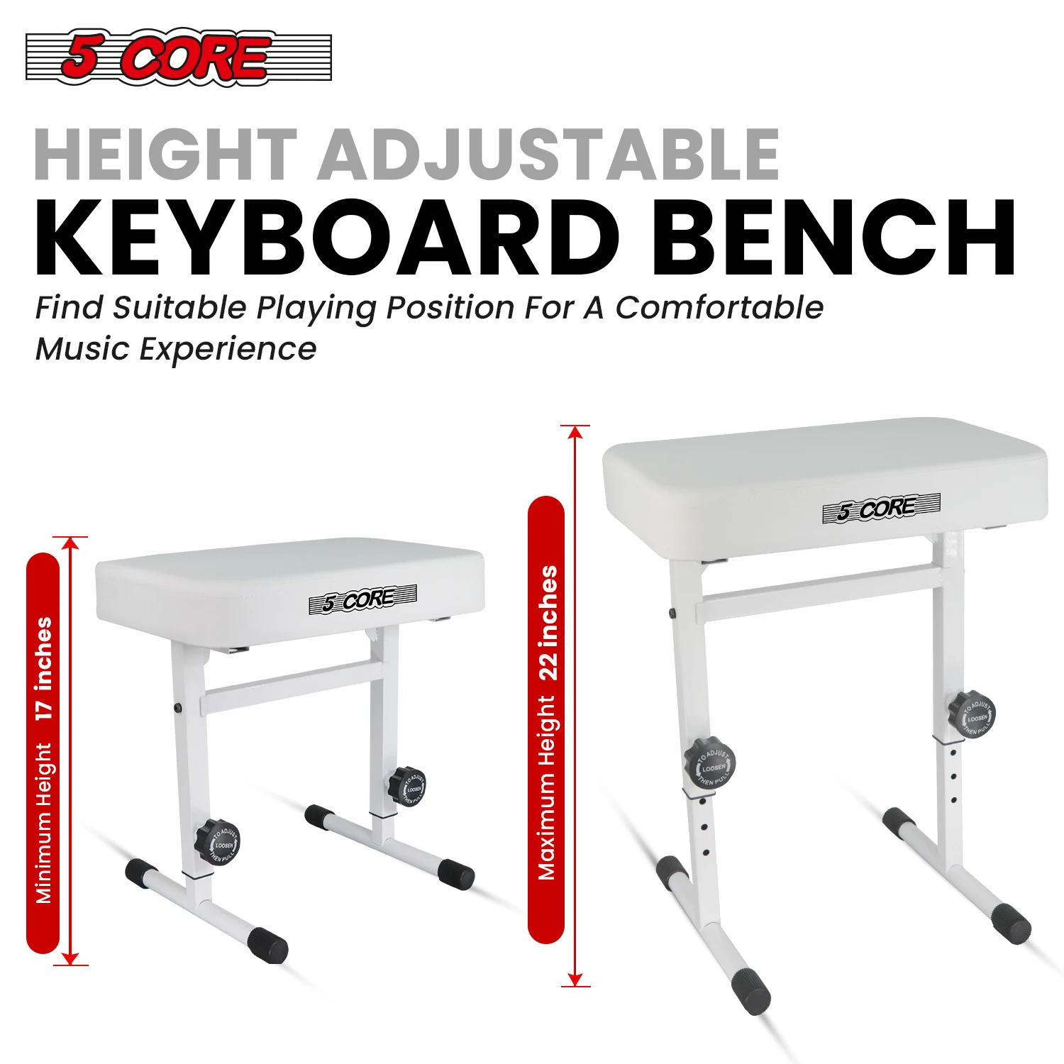 5 Core Keyboard Bench Piano Stool Thick Padded Seat Height Adjustable Keyboard Chair KBB H-ADJ WH view 2