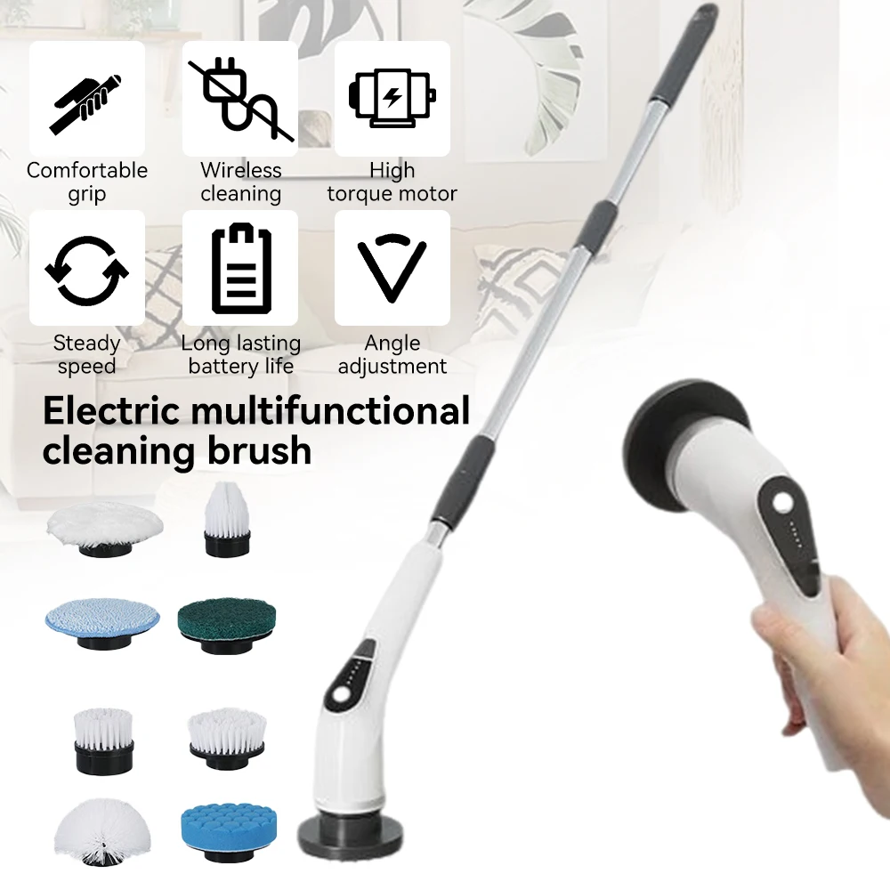 فرشاة تنظيف كهربائية، فرشاة تنظيف دوارة لاسلكية، مقبض ممتد قابل للتعديل مع 8 رؤوس قابلة للاستبدال للحمام والمطبخ والمرحاض
