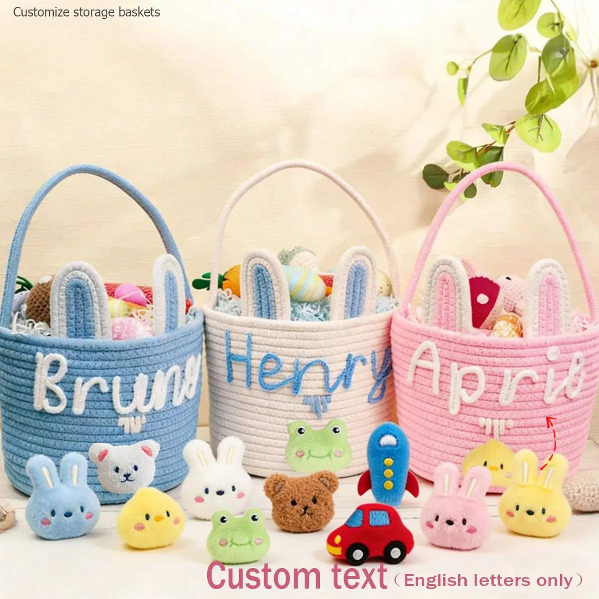 

1pc Easter Date Personalized Name Gift Basket, Adorable Cotton Rope Woven Rabbit Storage Basket, Party Favor, Home Storage Item