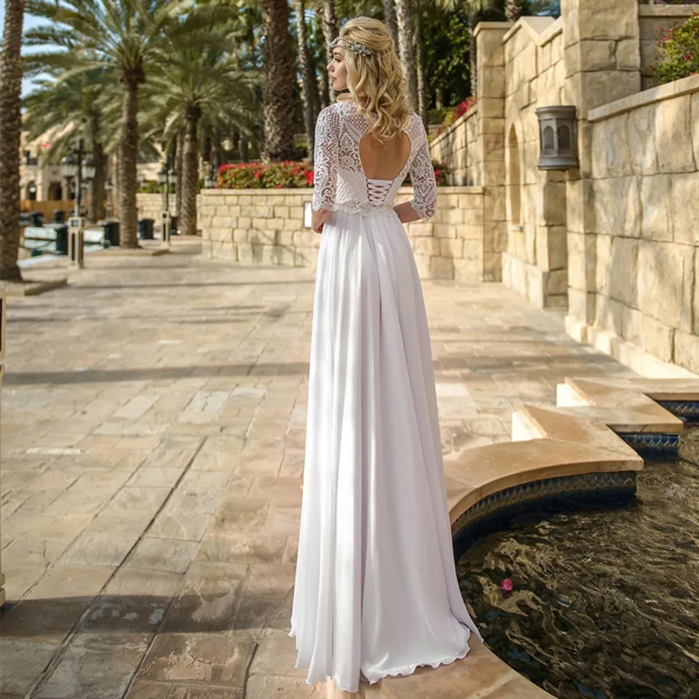 Boho Chiffon Half Sleeve Wedding Dresses O-Neck Lace Applique Civil A-line Bridal Gown Open Back Beach Vestidos De Novia