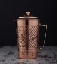 Engraved Solid Unlined Copper Water Moscow Mule Pitcher Jug Vessel with Lid, 70 fl Oz., Wine Pitcher, Water Pitcher