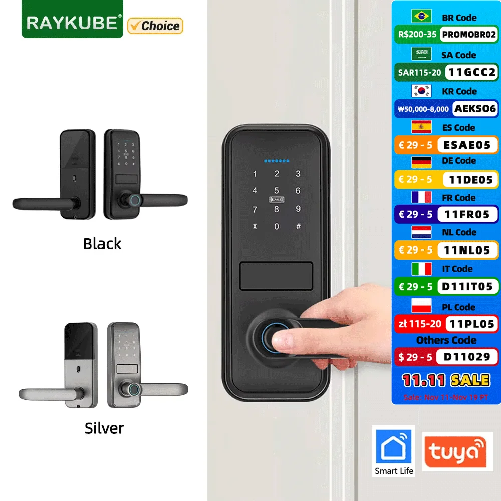 RAYKUBE P13 Tuya BLE pengunci pintu biometrik cerdas, kunci pintu elektronik Set aplikasi Tuya sidik jari/kata sandi/pembuka kunci kartu