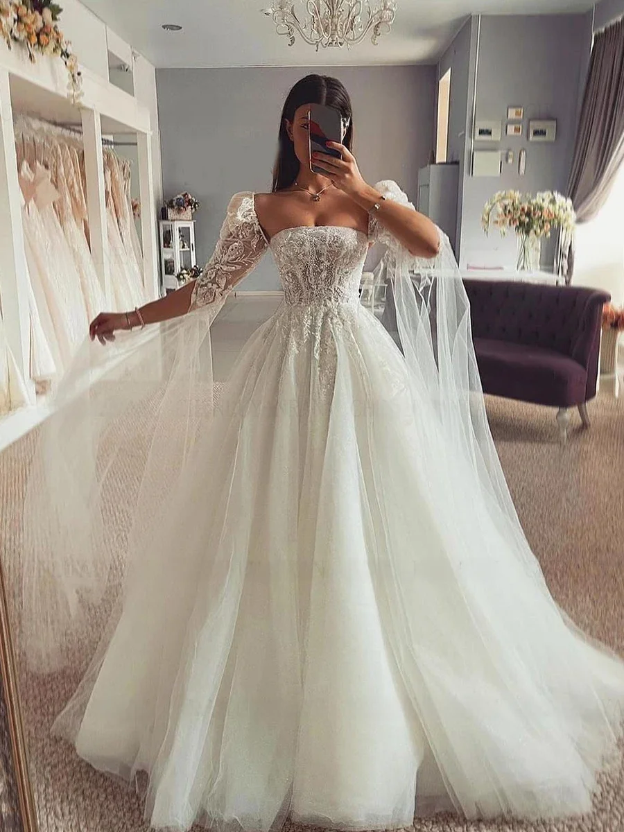 Boho lange Brautkleider für Frauen volle Ärmel Elfenbein Wending Kleid Glitzer Applikation Kleider