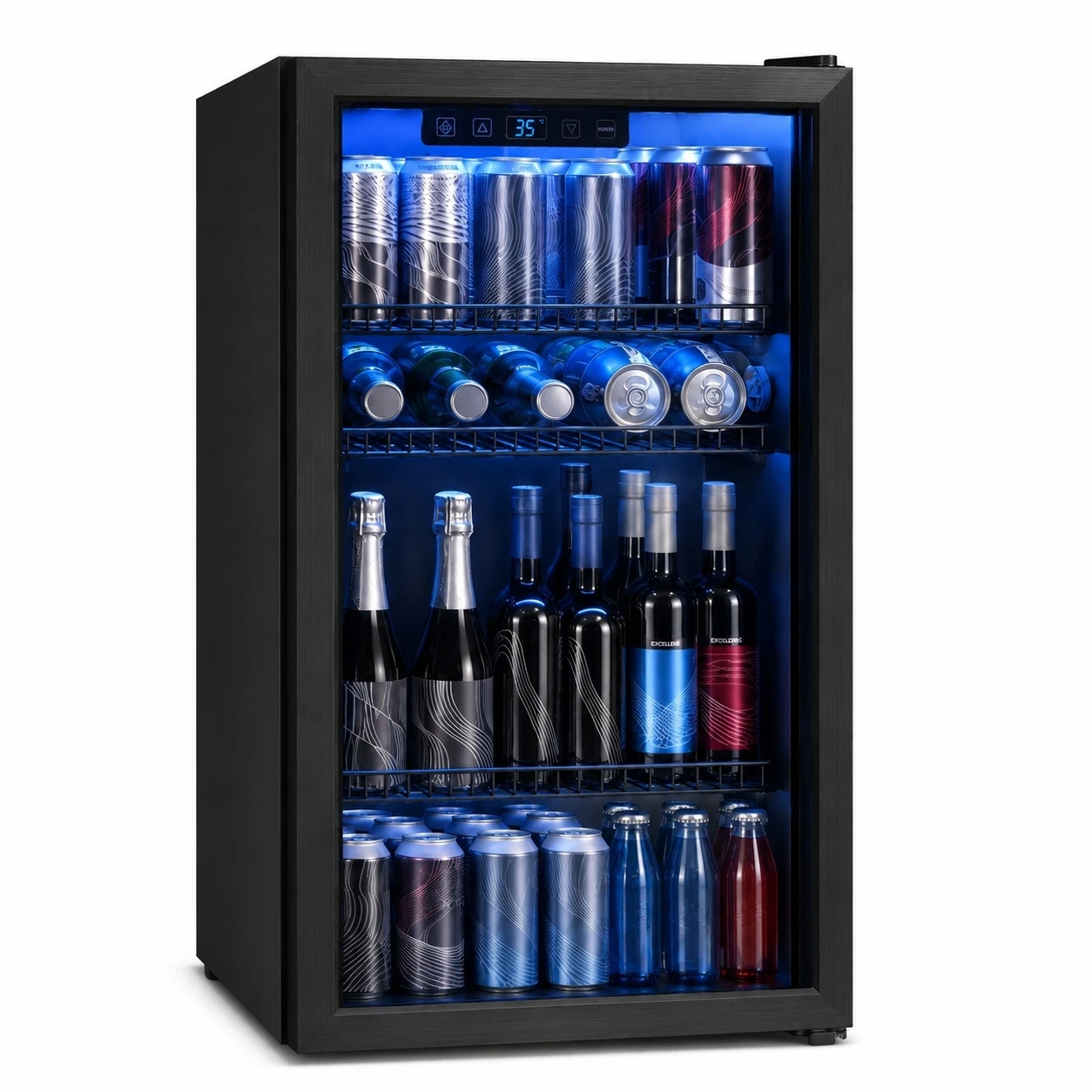 Réfrigérateur à boissons de 90 L avec porte à double vitrage, éclairage LED, fonctionnement silencieux, étagères réglables, adapté à 128 canettes de boissons, idéal pour la maison, le bar et le bureau, classe énergétique C