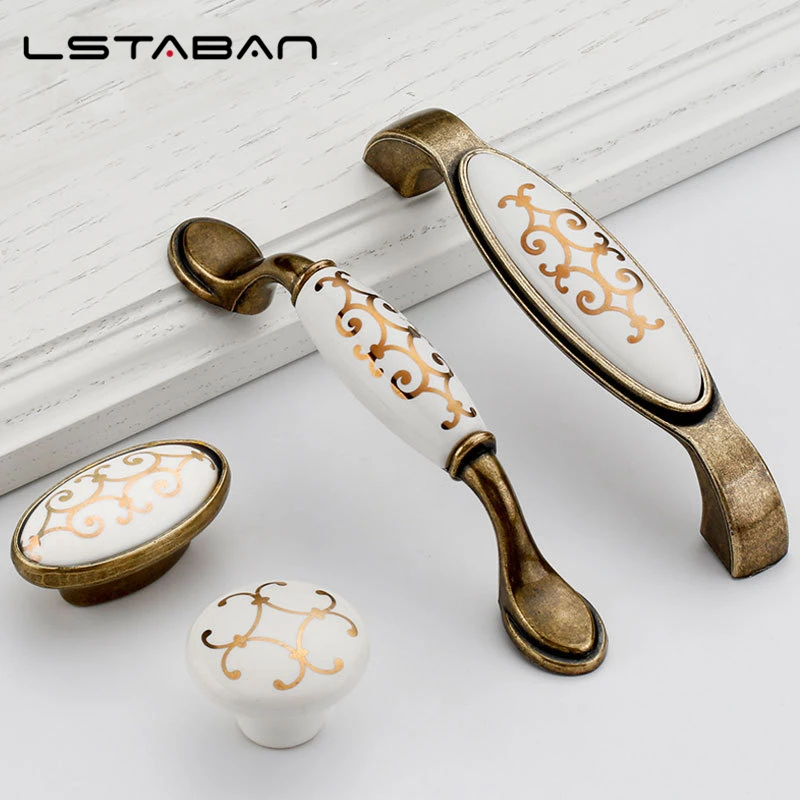 Antique Bronze Ceramic Cabinet Handles Zinc Alloy Drawer Knobs Pulls Wardrobe Door Handle European Furniture Handle Hardware