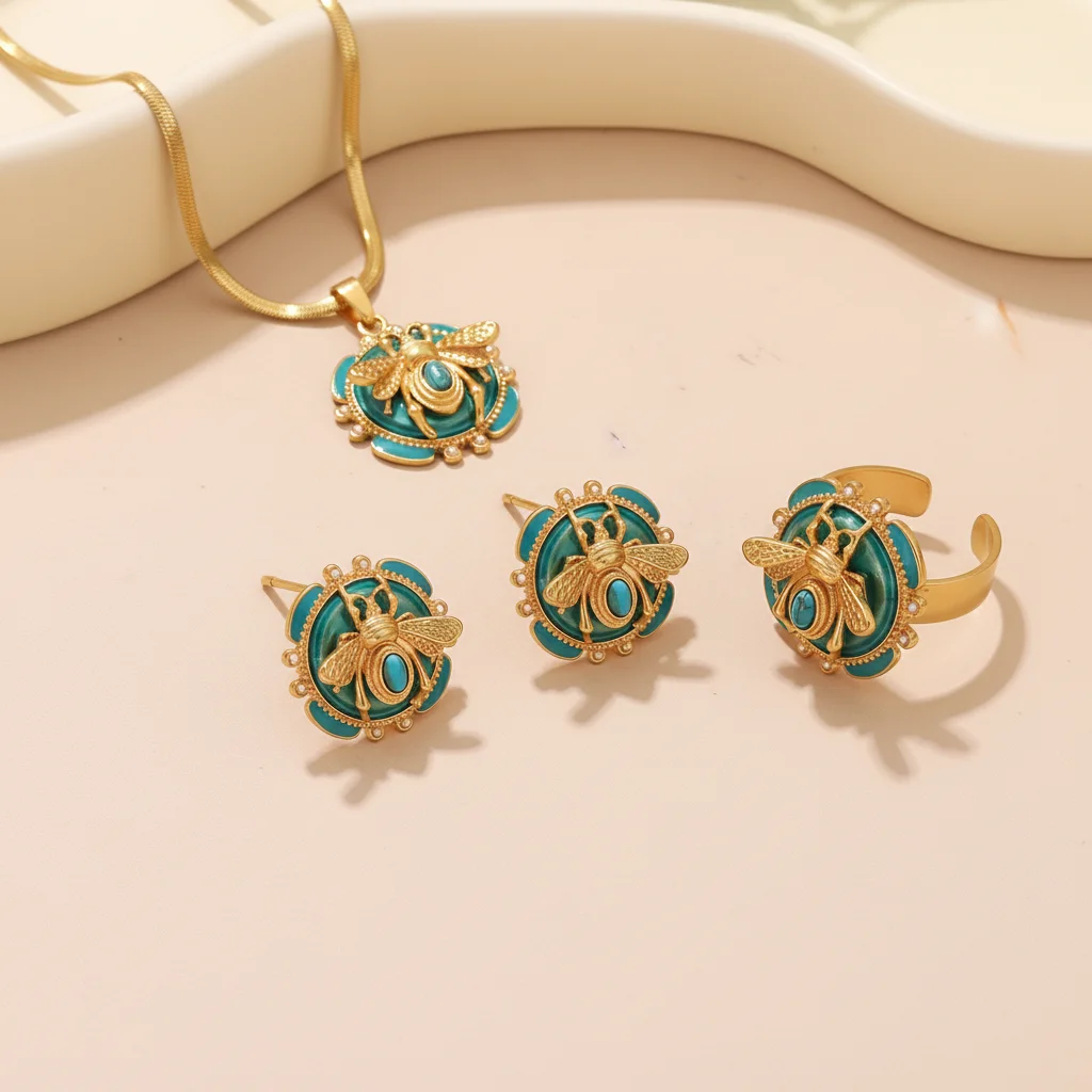 

Elegant 18K Gold Plated Bee Charm Jewelry Set - Teal Enamel Ring, Pendant Necklace & Stud Earrings for Women