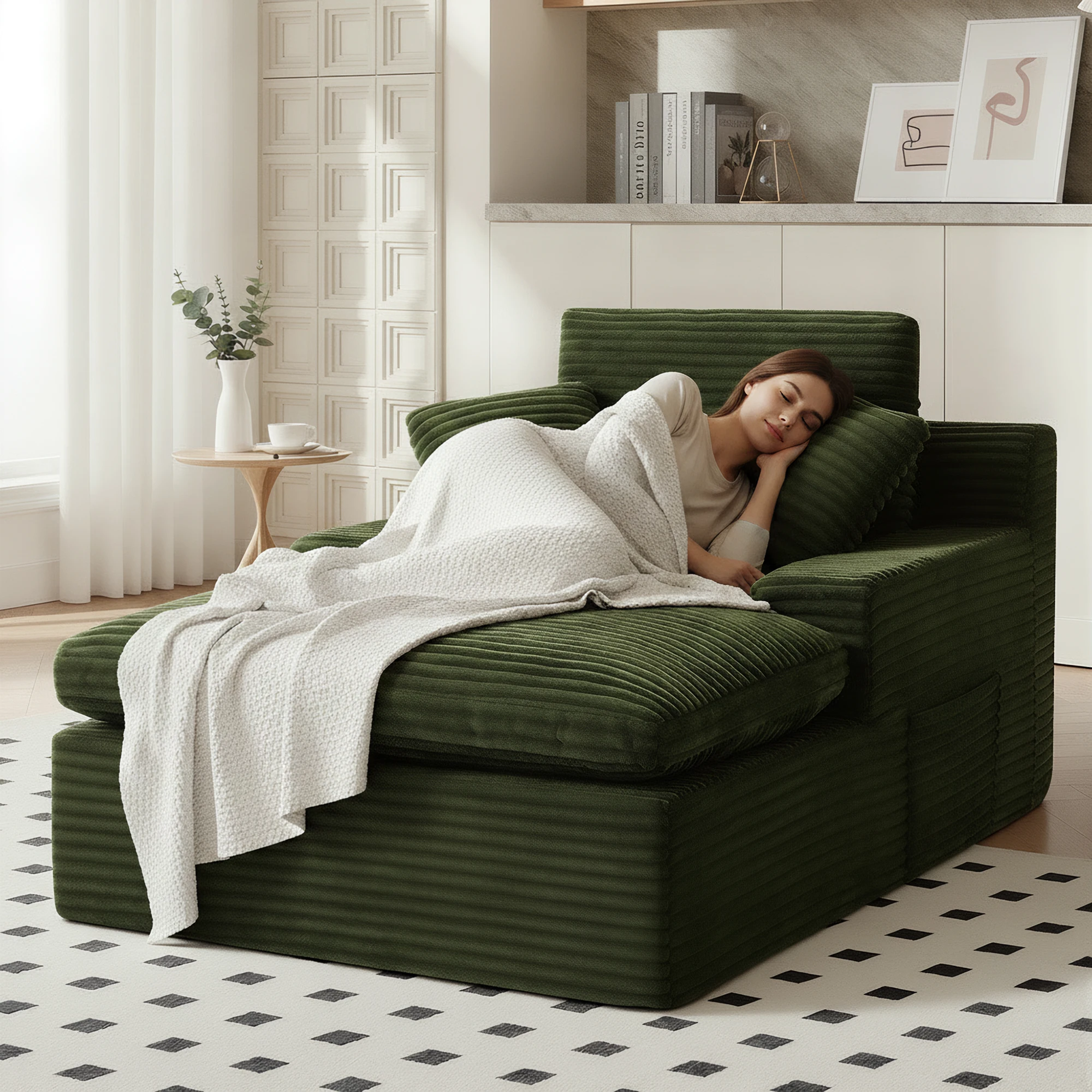 Corduroy Modular Sectional Sofa Chaise Lounge, Cloud Spring Cushion L Shape Sofa with Removable Washable Cover, No Assembly Vacuum Packed for Living Room Apartment