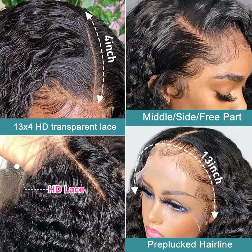 Peluca de cabello humano rizado con encaje Frontal, pelo con ondas de agua profundas transparentes, HD, 220 de densidad, 13x6, 30, 34 pulgadas, 13x4