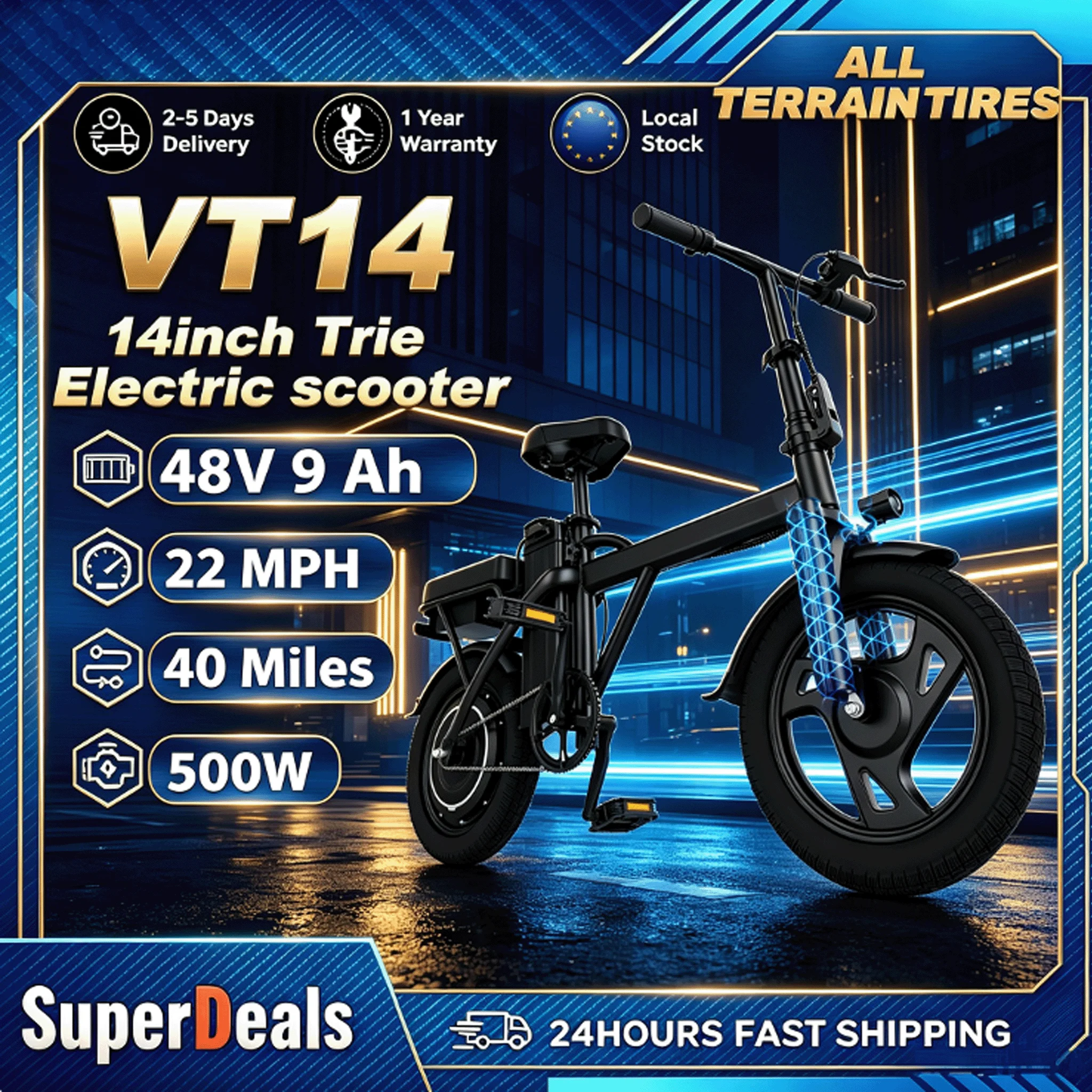 EU-Lagerbestand VT14 500W 48V 9Ah Klappbares Elektrofahrrad 22MPH mit einer Reichweite von bis zu 40 Meilen und 14-Zoll-Luftreifen, All-Terrain-Elektrofahrrad mit Sitz, ideales Werkzeug für