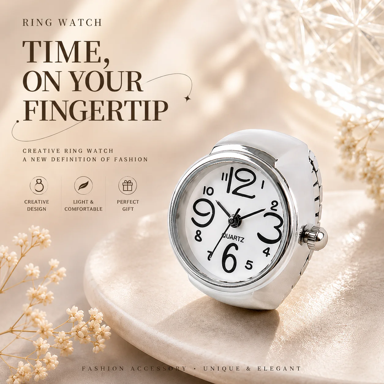 New creative ring watch, a cute quartz finger watch for women and students. It features a colorful dial,