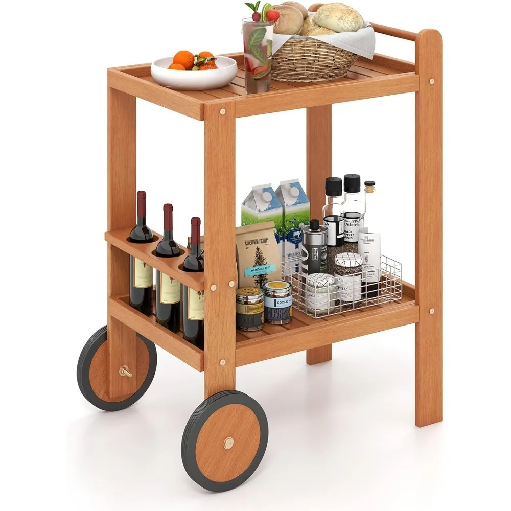 

Wood Bar Cart, Outdoor Indoor 2 Tier Rolling Serving Cart with Wine Bottle Holders and 2 Rubber Wheels, Bar Table Beverage Drink