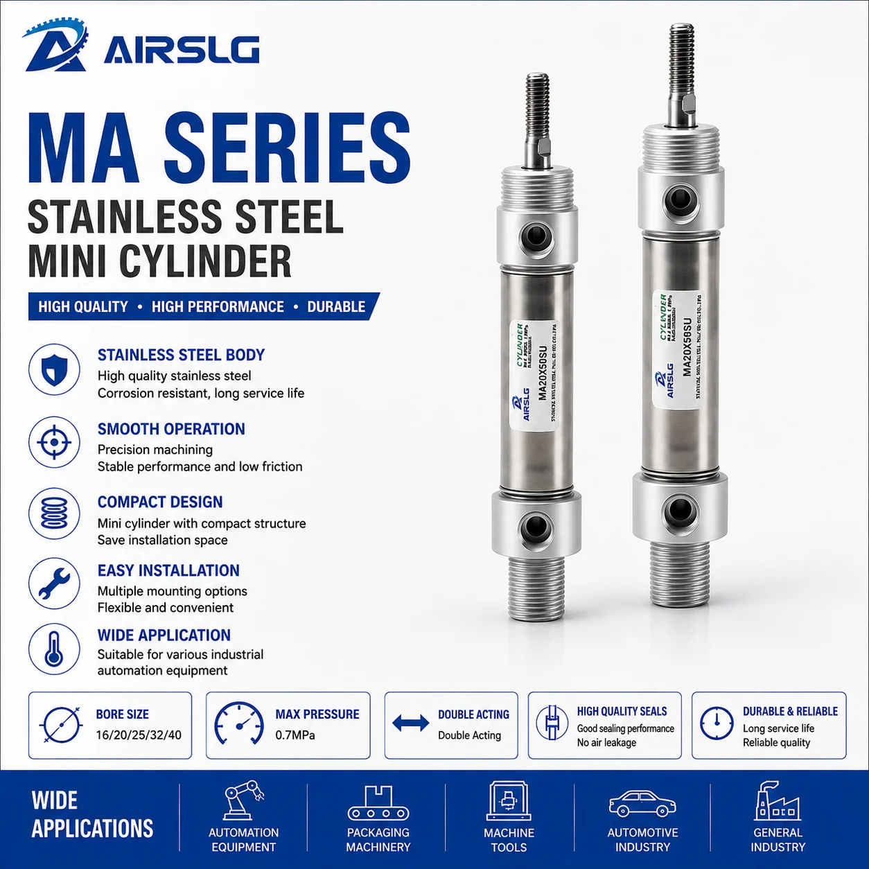 Aço inoxidável MA Mini Cilindro Pneumático, Cilindro de Pressão do Ar, Dupla Ação, MA16, 20, 25, 32, 40, 50, 63, 10mm, 25mm, 200mm, 250mm, 300 milímetros