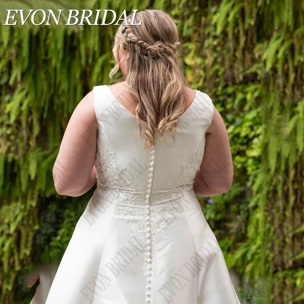 EVON BRIDAL Elegant Satin Wedding Dress Plus Size Sleeveless Classic Bride Party Gowns A-Line Lace Applique vestidos de novia