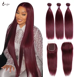 Uwigs 99j Bundles With Closure Brazilian Hair Straight Human Hair Bundles With Closure Ombre Colored Burgundy 3Bundles