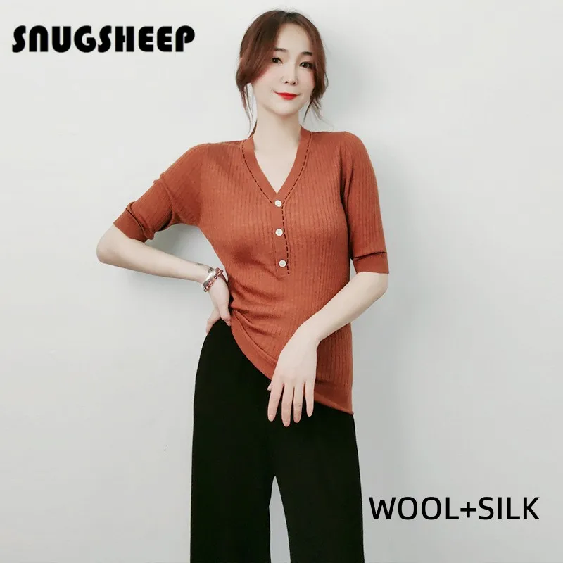 v neck wool brown t shirt women summer short sleeve shirts fashion ladies tshirt woman clothing outfits knit t-shirt luxury sexy