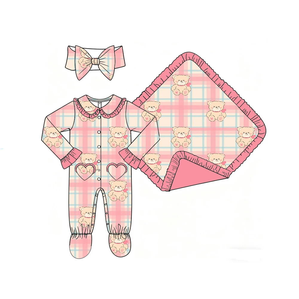 Boutique girls' blanket and romper lapel ruffle buttons love pocket binding feet cartoon flower print Custom patterns wholesale