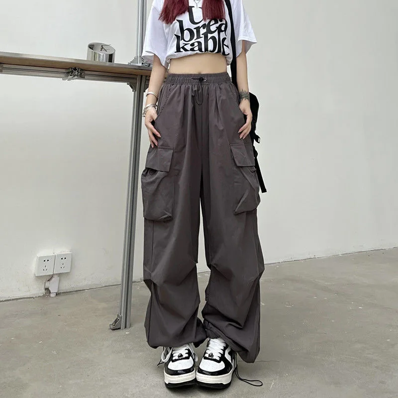 Women Y2K Cargo Pants Casual High Waisted Breathable Baggy Sweatpant Kpop Wide Leg Drawstring Oversize Pockets Joggers Trousers