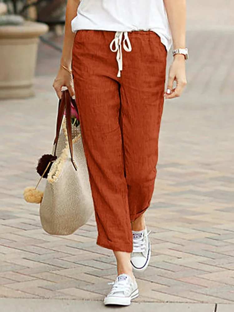 Women Elegant Simple Pants Fashion Drawstring Design Solid Color Cropped Pants Loose Causal Elastic Waist Office Lady Trousers