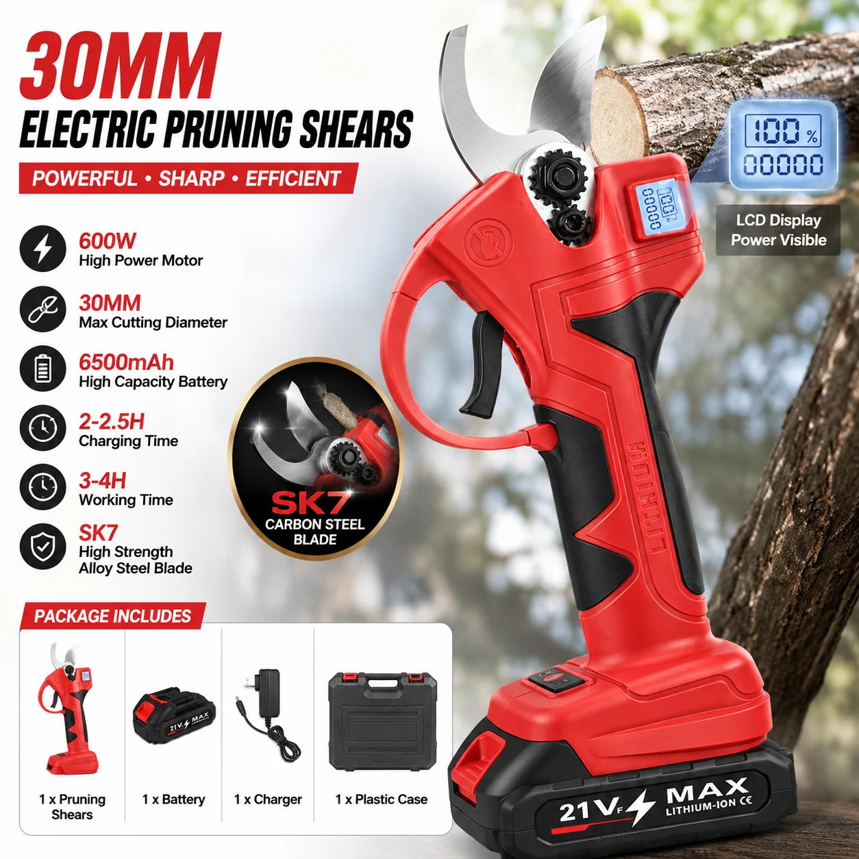 Bürstenlose elektrische Astschere, kabellose Gartenschere, Astschneider für Bäume, 30 mm, Akku-Astschere mit LCD-Anzeige, kompatibel mit Makita 18-V-Akku.