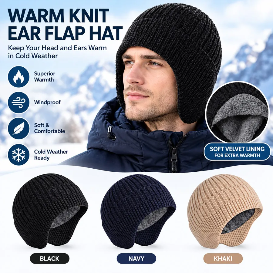 Men Winter Fleece Lined Ear Flap Beanie Hat, New Extra Inner Warm Fashion Casual Brimless Cap for Middle Aged Elderly Men