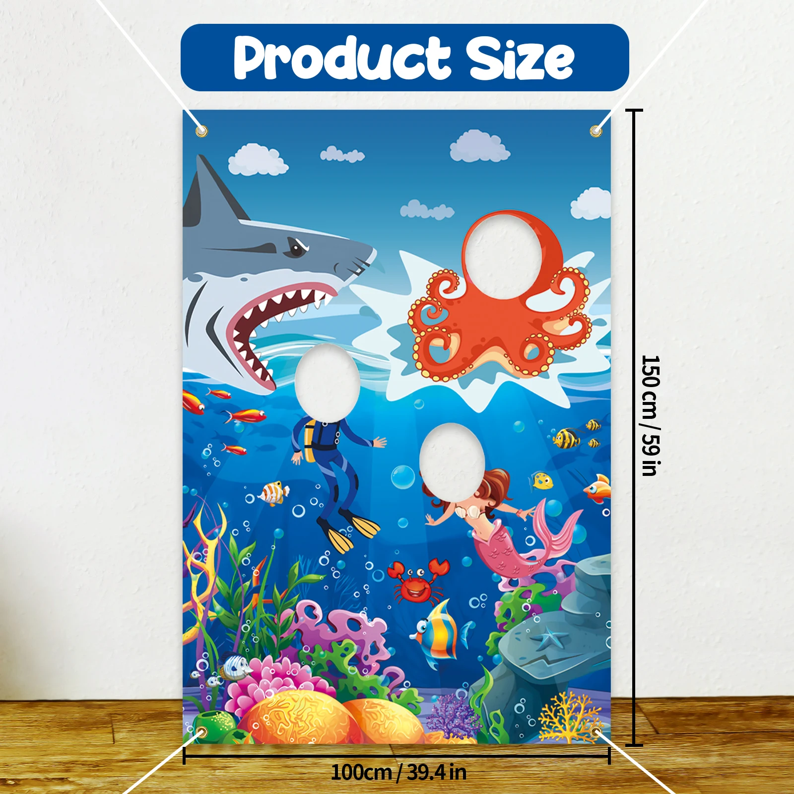 Toile de fond de bannière de photo en polyester vibrant sous la mer, grandes décorations durables de bannière de poulpe de requin petite sirène pour la mer A