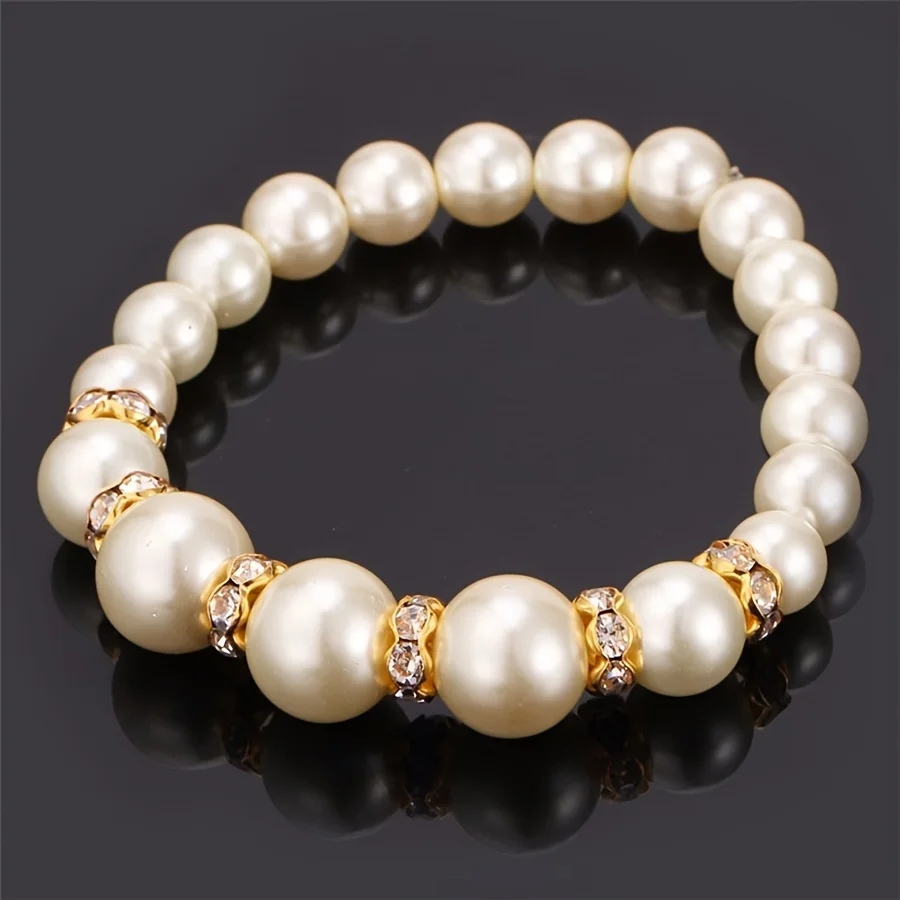 4pcs/Set Faux Pearl Jewelry Set with Necklace Earrings Bracelet,Pearl-Shaped Bracelet And Simple Gold-Tone Earrings for Women