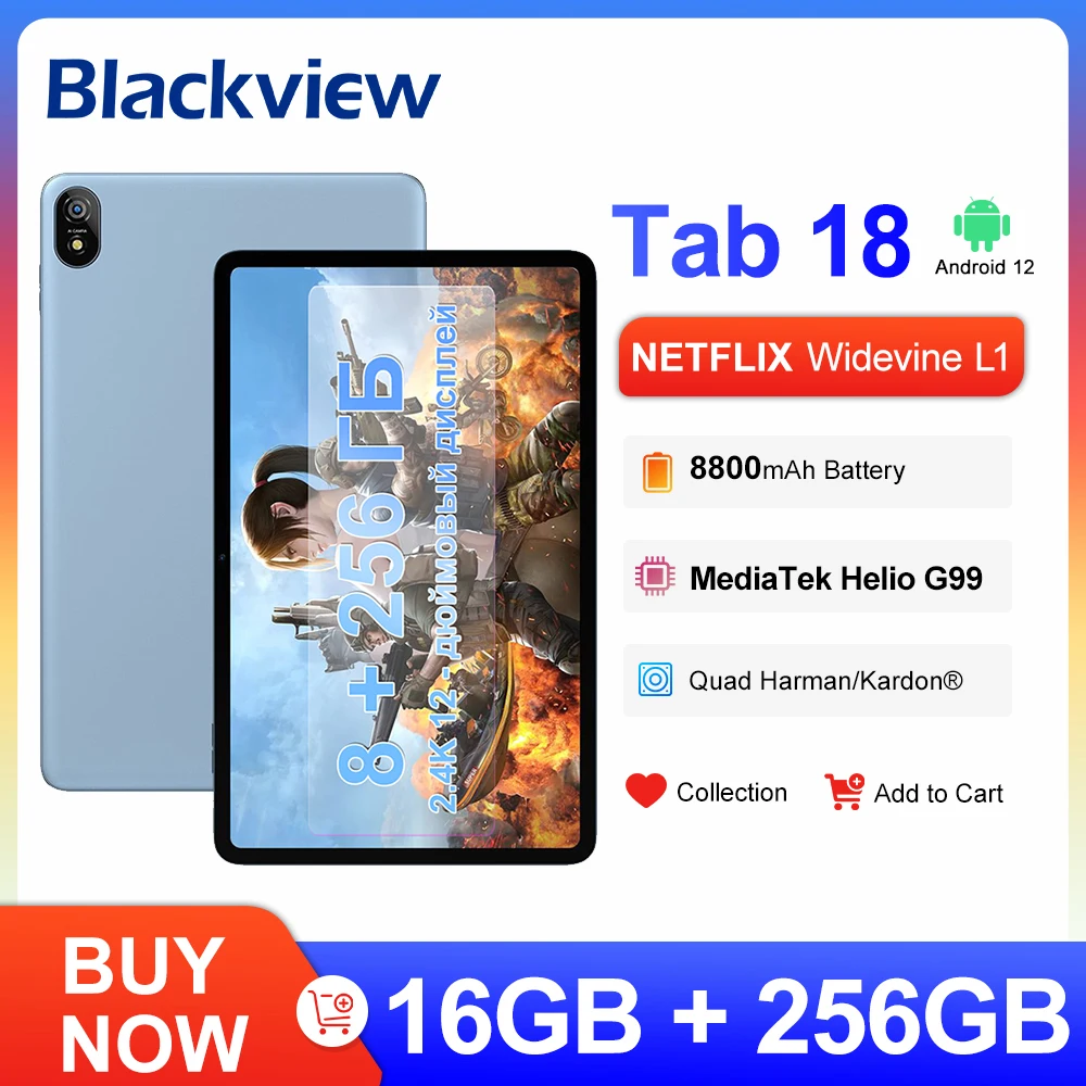 Blackview Tab 18 Tablet 8800mAh Battery 8GB 256GB 12 inch 16MP 2.4K FHD+ Display Widevine L1 MTK Helio G99 33W