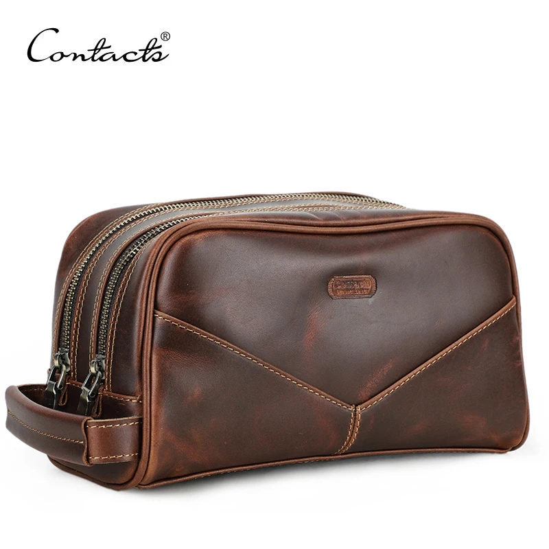 CONTACT'S genuine leather cosmetic bag for men vintage crazy horse leather man make up bags small travel bags male toiletry bag