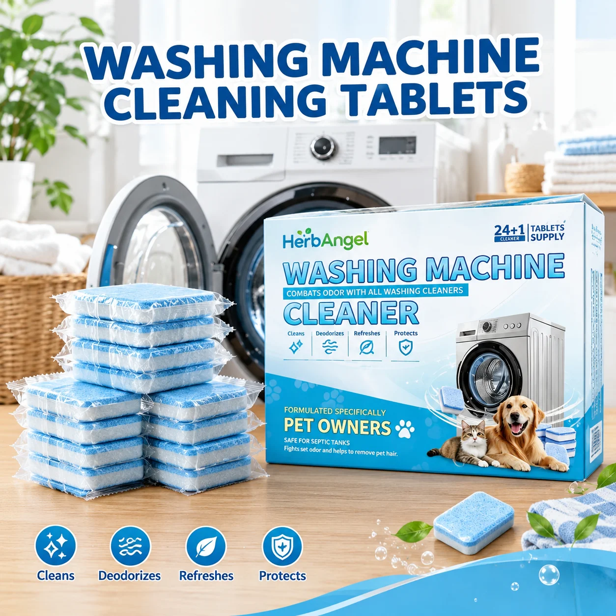 24/48 Pcs Washing Machine Cleaner Tablets Remove Pet Hair Deeply Cleans Stubborn Dirt    Eliminate Odor Washer Drum and Tub Cleaning  No Residue Descaling Deodorizer Septic Safe for All Models Household Laundry Care Tools