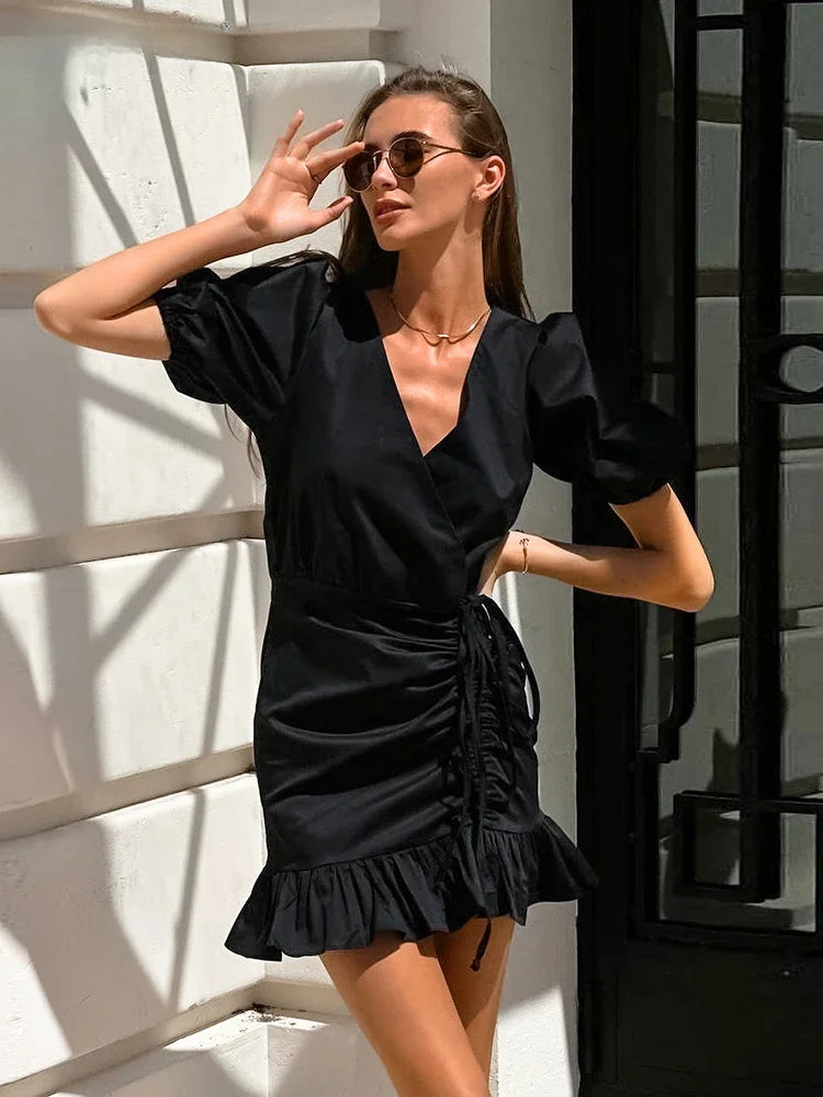 Mnealways18 schwarzer Kordel zug elegantes Mini kleid Damen Puff ärmel gekräuselt V-Ausschnitt Büro